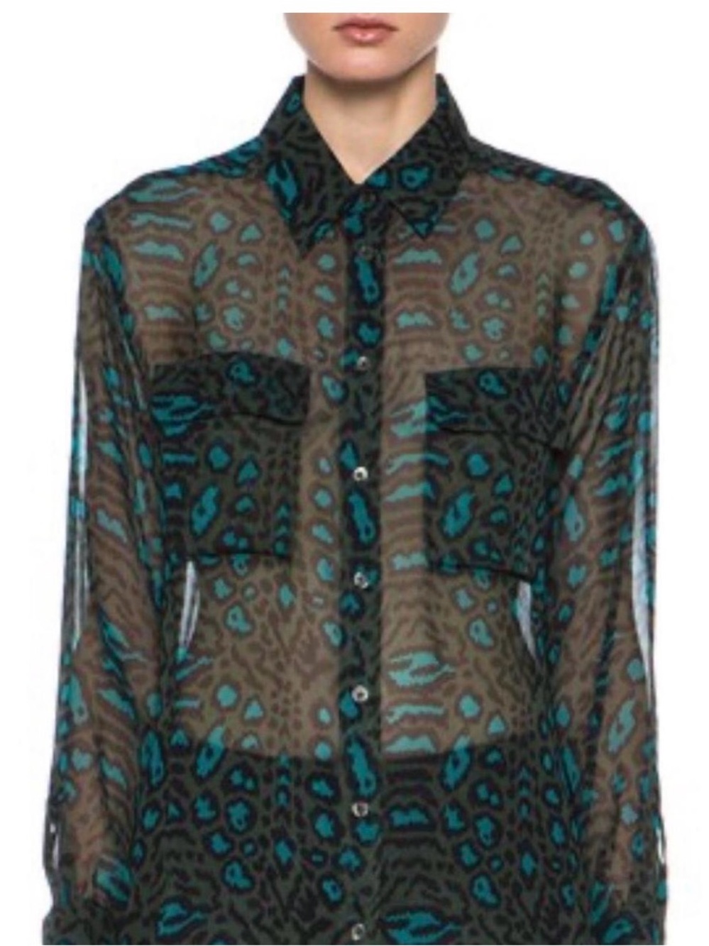 Equipment Teal and Black Sheer Leopard Print Button-Down
